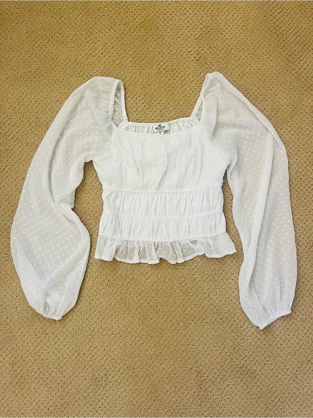 Hollister White Square Neck Sheer Polka Dot Puff Sleeved Cropped Blouse Sz S